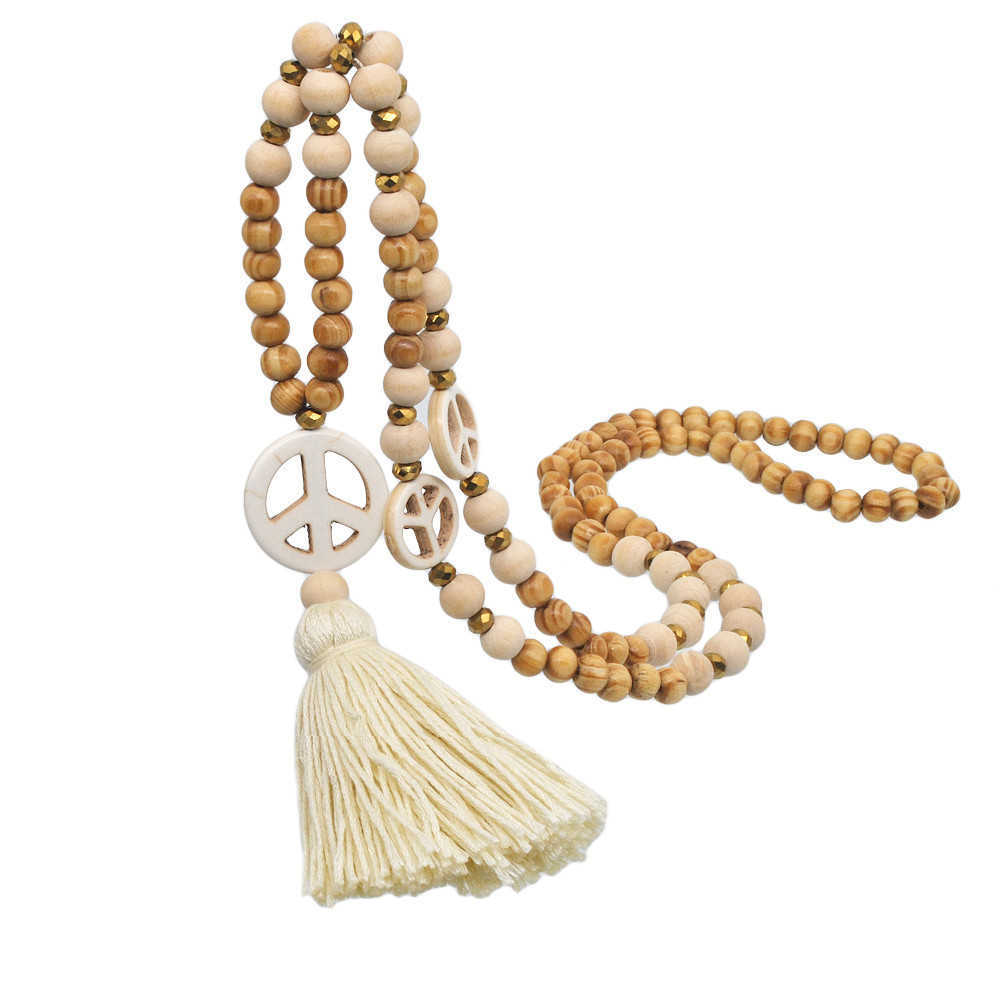 Pendant Necklaces Wooden Beaded Tassel Necklace womens Handmade Bohemian Peace Symbol Pendant sweater chain H25219