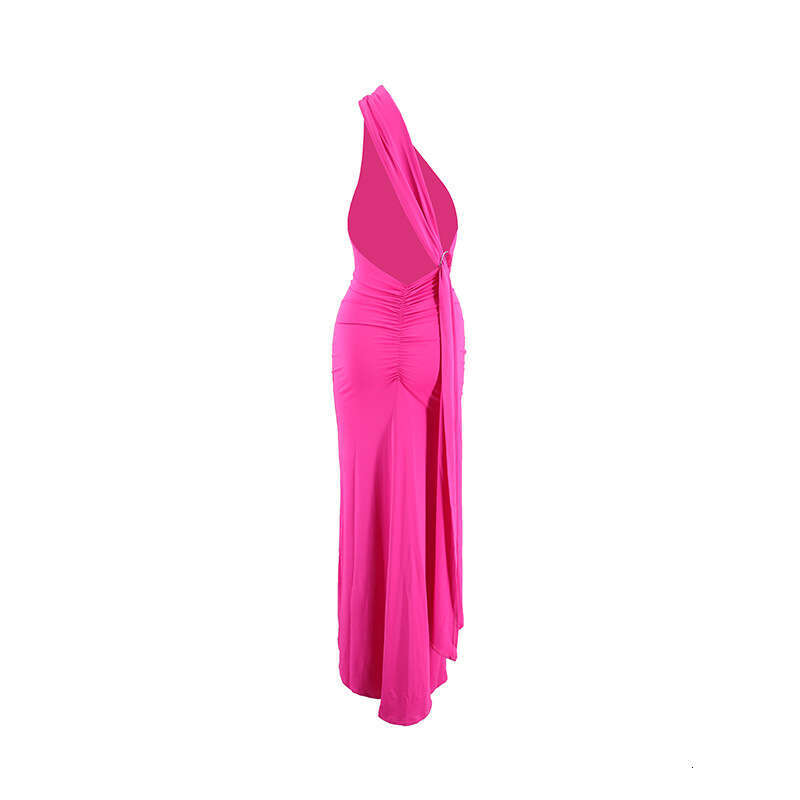 European and American style women's summer product slanted shoulder sexy slim fit backless pleated hollow suspender long dress 2025 new casual fa