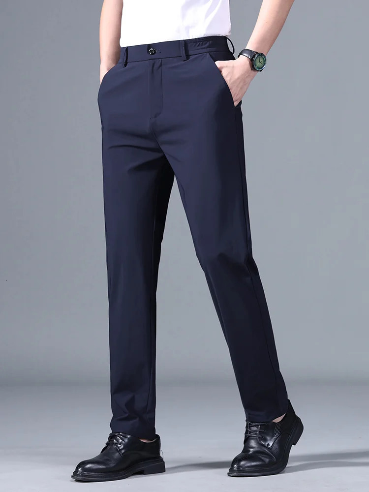 Summer Good Stretch Smooth Trousers Men Business Elastic Waist Korean Classic Thin Black Gray Blue Casual Suit Pants Male 250219
