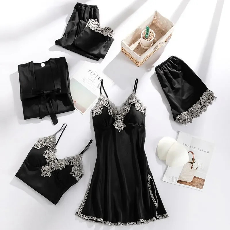 5PCS Sleepwear Sleep Suit Sexy Womens Lace Pajamas Sets V-Neck Satin Pajamas Intimate Lingerie Spring Nightwear Home Wear PJS 250219