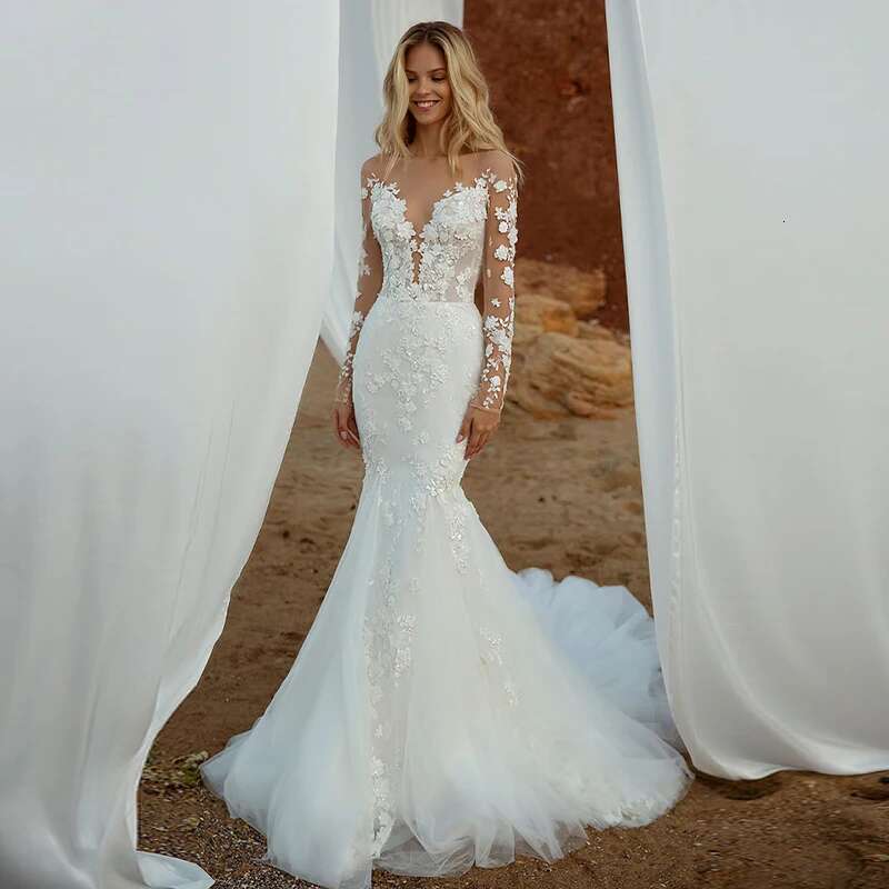 Lace Wedding Dresses for Bride Mermaid Sheer Neck Backless Detachable Overskirt Bridal Gowns Vestidos De Novia Customized