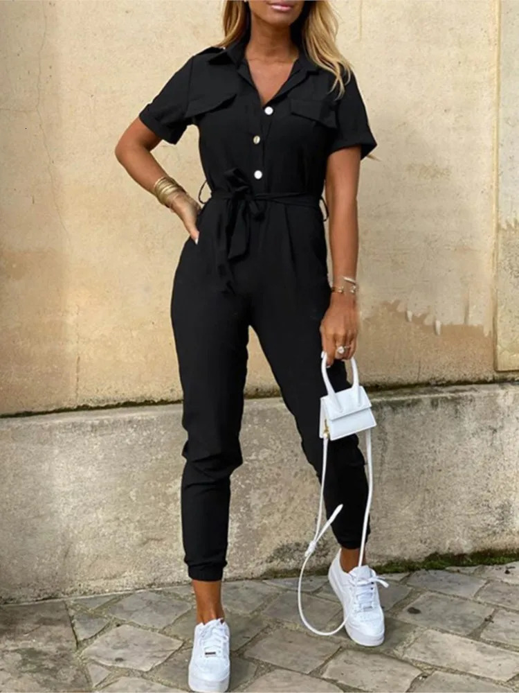 Casual short sleeved jumpsuit for office ladies in spring and summer fashionable and elegant solid lace womens jumpsuit one-piece jumpsuit 250220