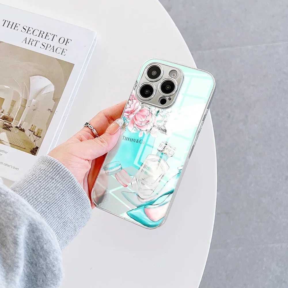 Fashion Blue Phone Case for IPhone 16 15 14 13 12 Mini 11 Pro XS Max XR X 8 7 6 Plus Luxury Tempered Glass T-Tiffany Z250220