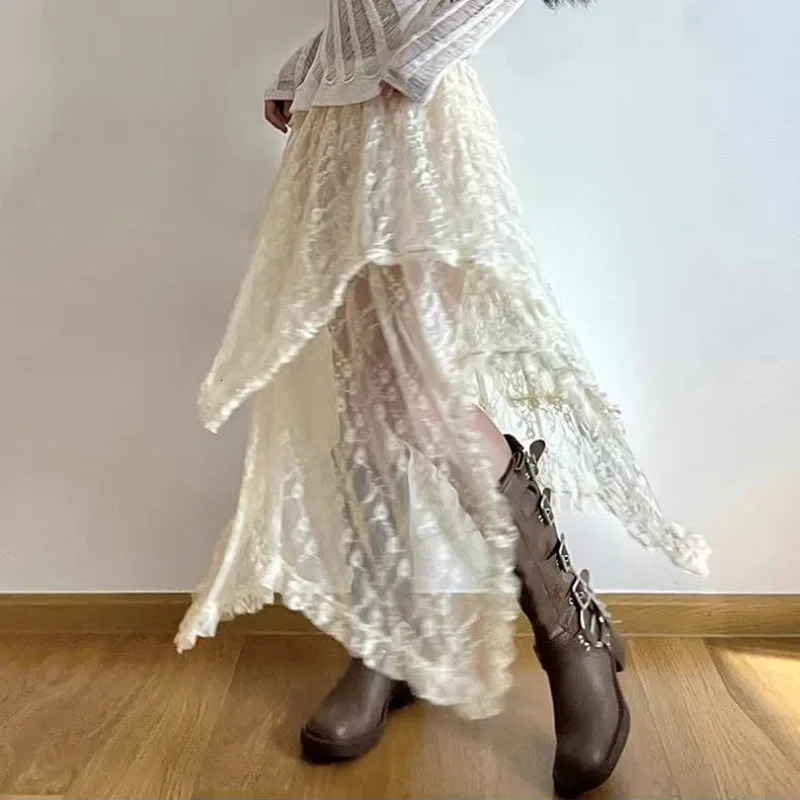 Lace Asymmetric Skirt Women Vintage Y2K Boho Aesthetic Fashion High Waist Mid Skirts Summer Ladies Holiday Outfits 250220