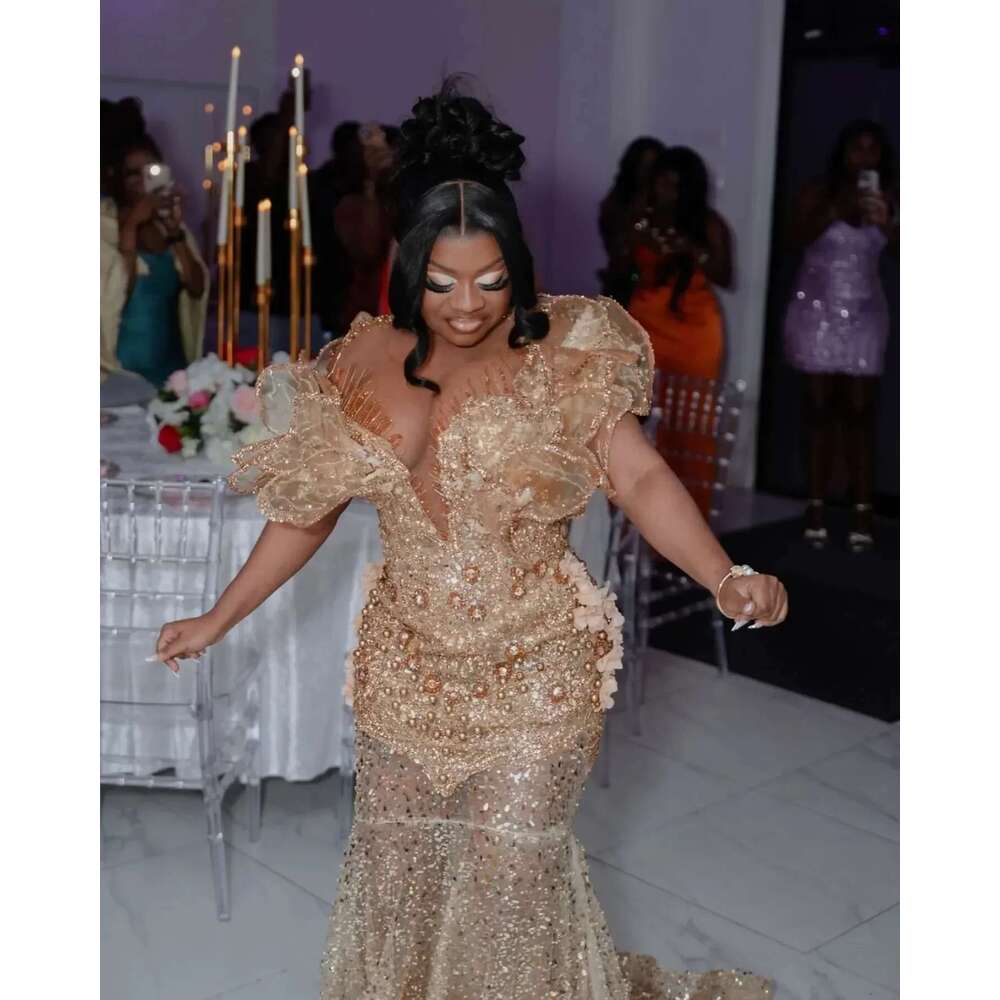 Sequins rhinestone pearls formal evening party sea reception birthday dre aso ebi illusion gold mermaid prom dresses