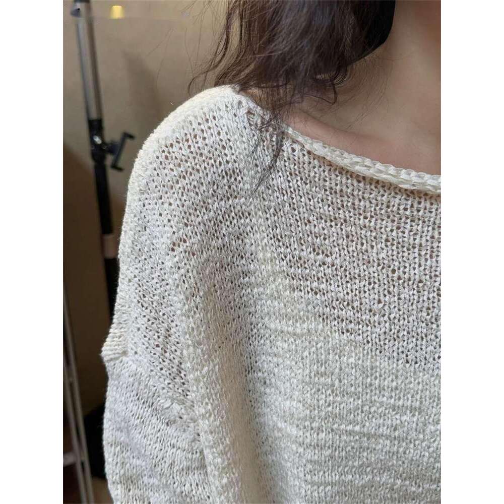 2025 Spring Lazy Collarless Curled Edge Shaped Sweater Women Lightweight Texture Knitting Top Pink/White