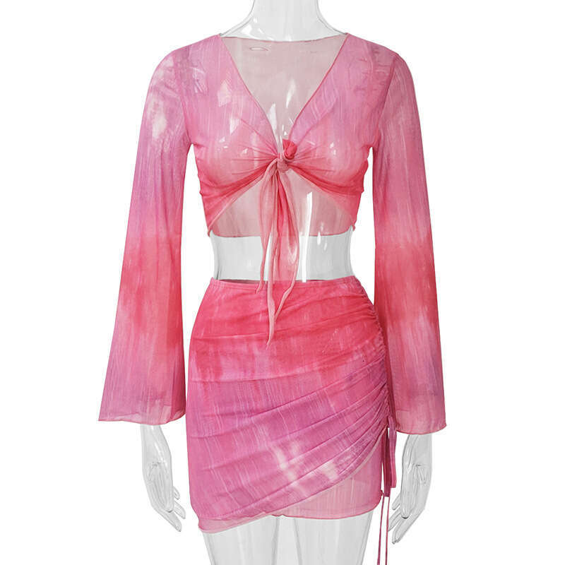 European and American women's autumn tie dye print V-neck strap gradient color mesh trumpet sleeve top short skirt set 2025 new casual fashion tr
