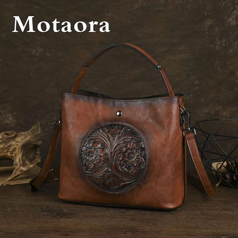 MOTAORA New Vintage Chinese Style Women's Shoulder Bag Emed Handmade Leather Crossbody Bucket Bags Mother's Handbag Purse