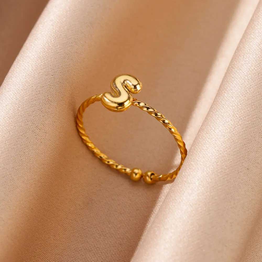Cute Chunky Stainless Steel Intial Rings For Wen Girls Open Adjustable Gold Color Letter Ring Five Alphabet Jewelry Gift X250220