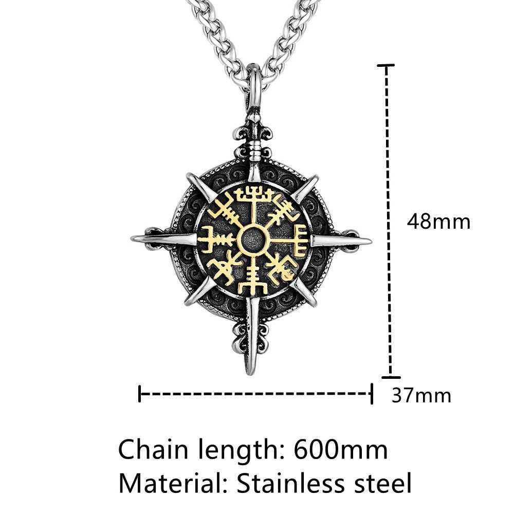 Retro Gold Color Vikings Compass Necklace Men Antique Stainl Steel Norse Rune Amulet Pendant Vegvisir Homme landic JewelryXJ250219
