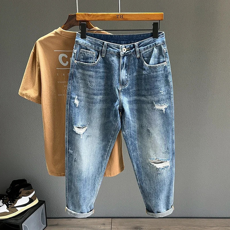 Mens Ripped Jeans Personality Fashion Tapered Hole Frayed Denim Trousers Streetwear Casual Vintage Blue Pants Male Clothes 250219