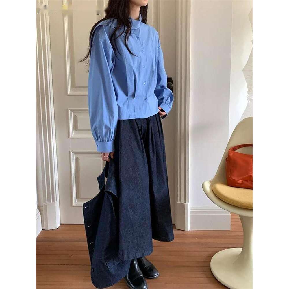 2025 Unique Scarf Collar Irregular Shirt Women Long Sleeve Spring Summer Temperament Top White/Blue/Black