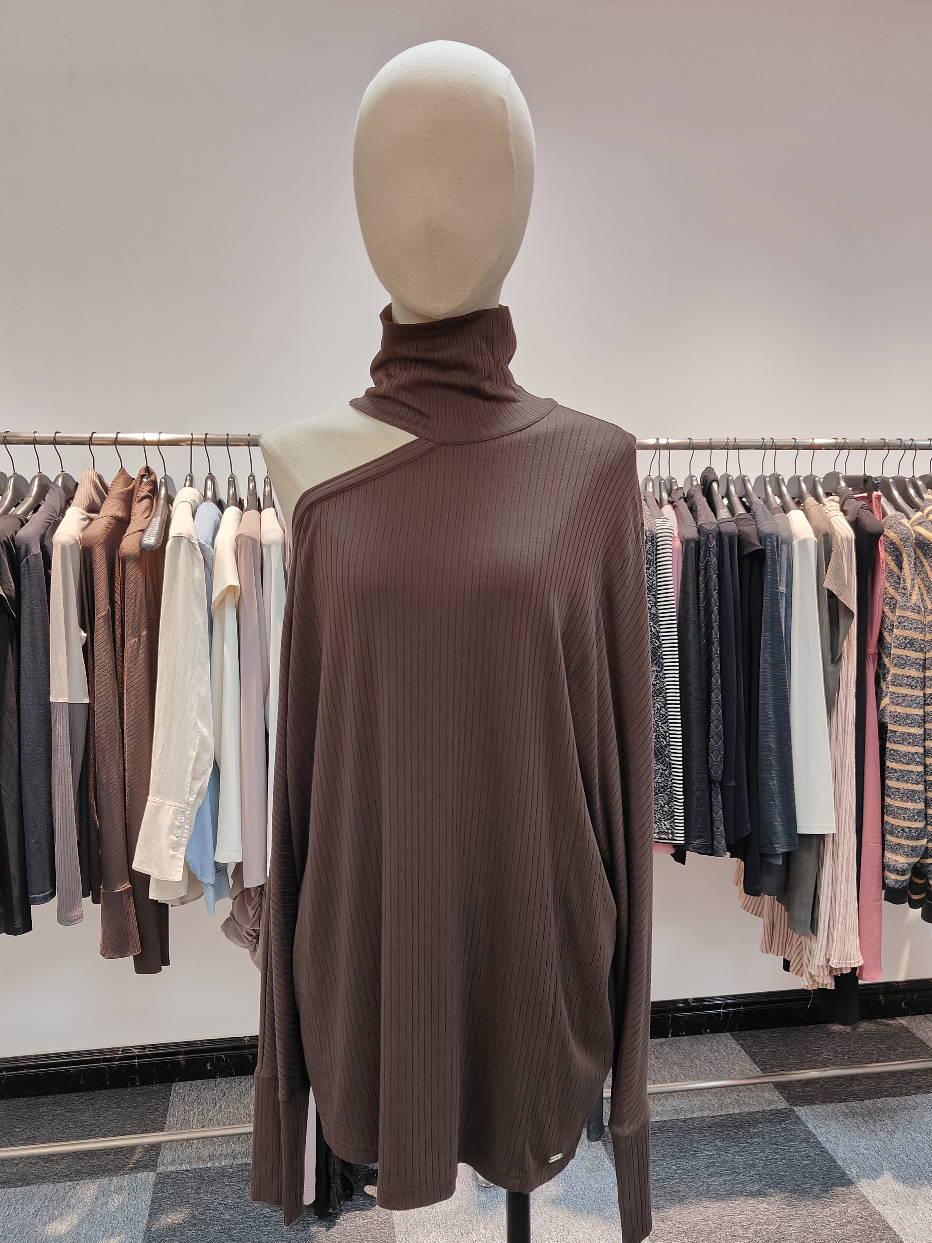 Stylish Ribbed Stretch Fabric Dark Brown High collar Sweater Top with asymmetrical shoulder opening