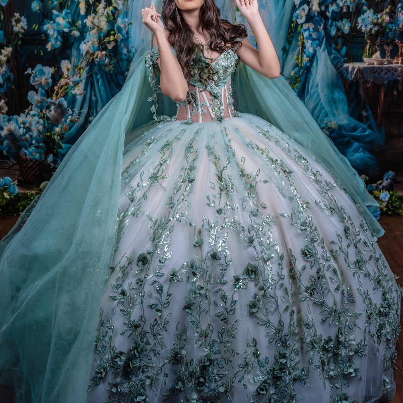 Mint Green Shiny Quinceanera Dresses Ball Gown Off Shoulder Appliques Lace Beads Tull Corset Sweet 16 Dress Vestidos 15 de anos