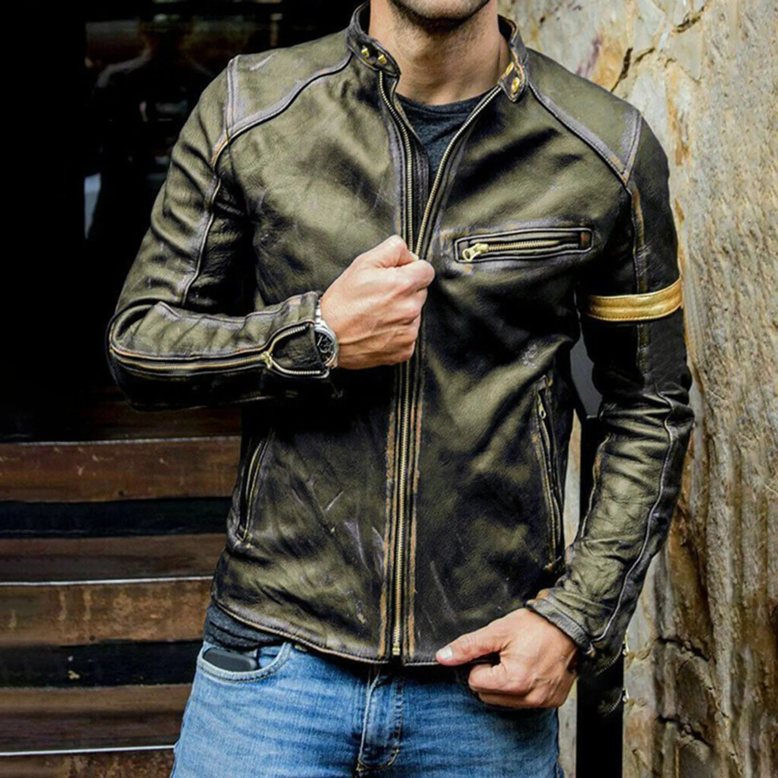 Mens Biker Leather Jacket Stand Collar Punk burgundy Motorcycle Zipper handsome Autumn Winter Coat Leatherwear Outerwear Male 250210