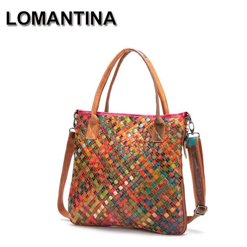 LOMANTINA Ultra Slim Genuine Leather Woven Knitting Ladies Large Purses And Handbags Women Designer Tote Travel Bags