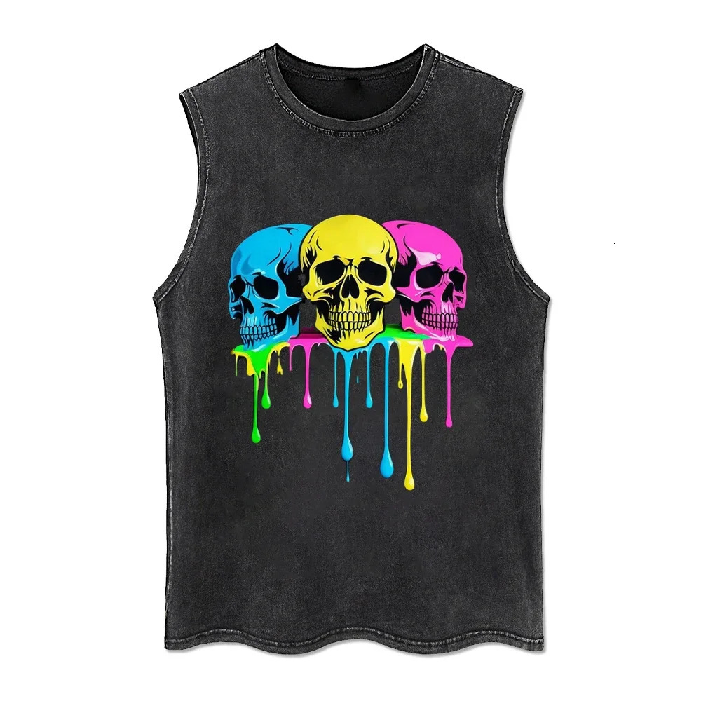 Skeleton bone sleeveless top washed retro vest animal retro vest top summer black T-shirt 250219