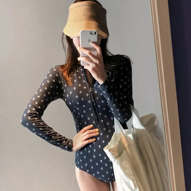 Print Floral One Piece Swimsuit Women Swimwear Monokini Long Sleeve Printed Female Bathing Suit Surfing Bodysuit Swim Wear Beach 250220