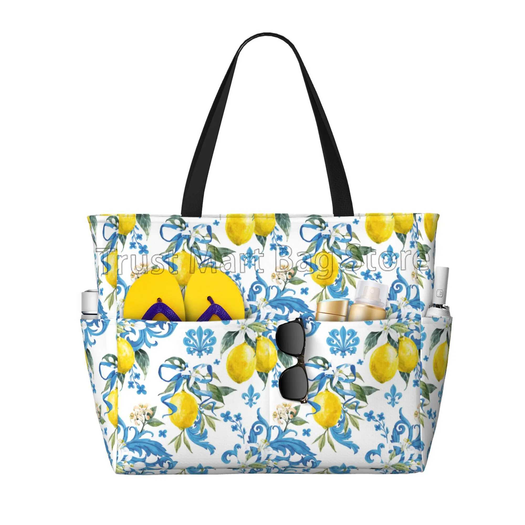 Summer Tropical Lemon Waterproof Beach Bags for Women Utility Zipper Tote Bag Lightweight Sandproof Swim Pool Bags Large Totes Z250219