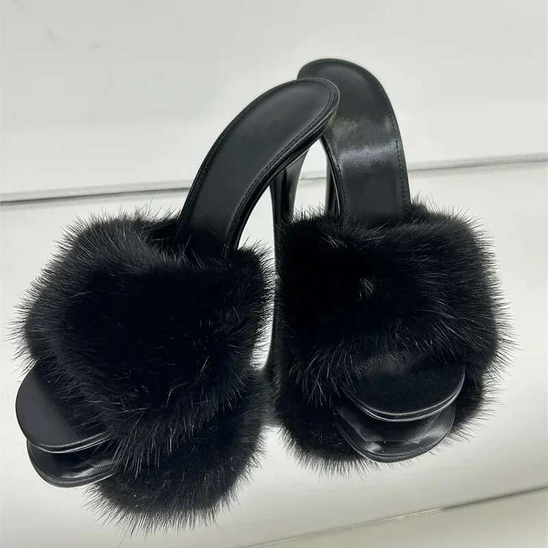 Mink Fur High Heels Women, Slim Heels, Summer New Style, Open Toe Slippers, Sexy Fish Mouth Leather Party Sandals For Women