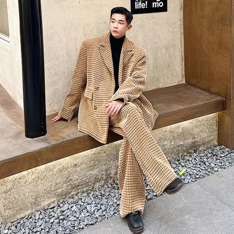 IEFB Spring Korean Chic Male Set Corduroy PU Leather Spliced Two-piece Shoulder Pad Blazer Straight Pants Men Wear 250220