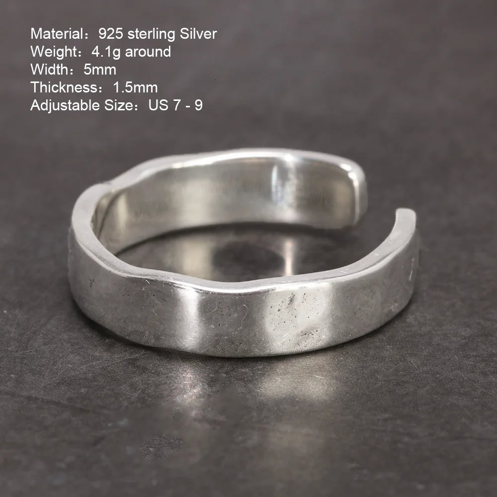 Sterling Silver S925 Bright Hand Hammer Pattern Mens and Womens Rings Minimalist Adjustable Jewelry 250218