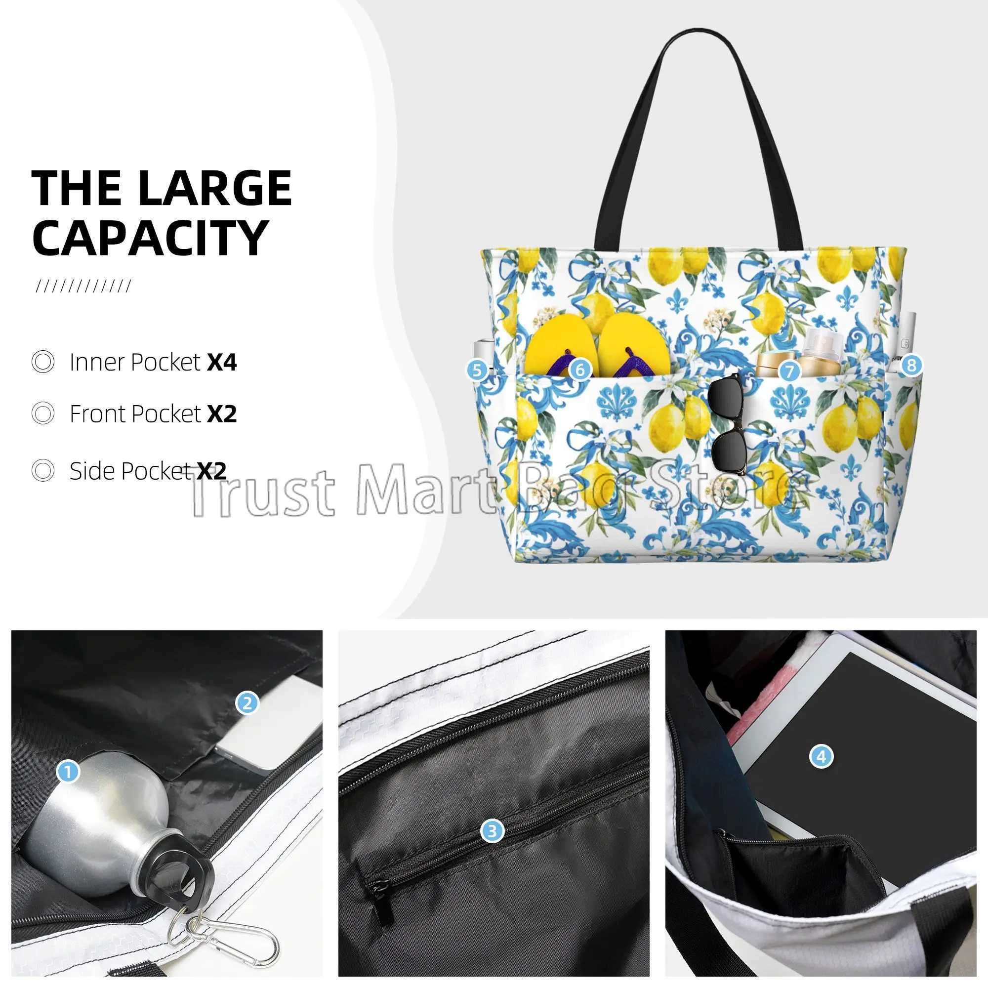 Summer Tropical Lemon Waterproof Beach Bags for Women Utility Zipper Tote Bag Lightweight Sandproof Swim Pool Bags Large Totes Z250219