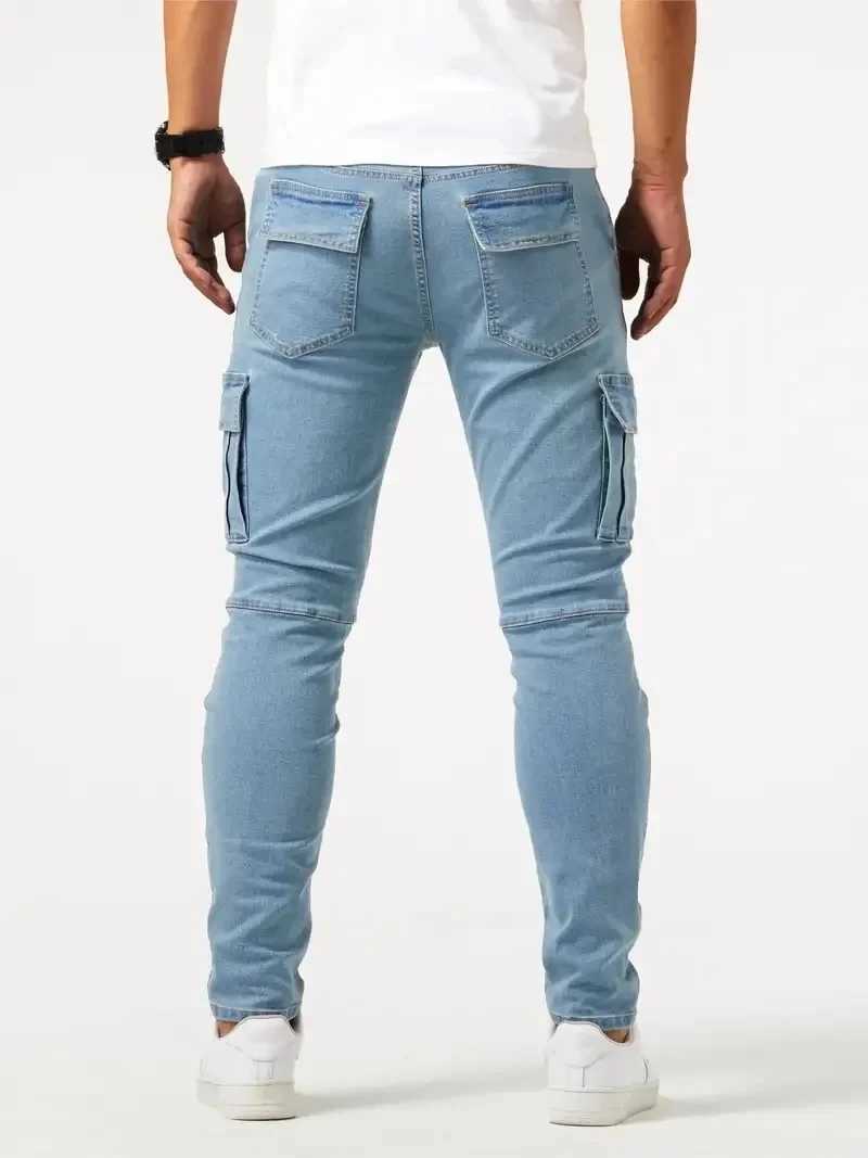 2025 Street Elastic Jeans Mens Denim Cargo Pants Wash Solid Color Multi Pockets Casual Mid Waist Trousers Slim Daily Wear Joggers X250220