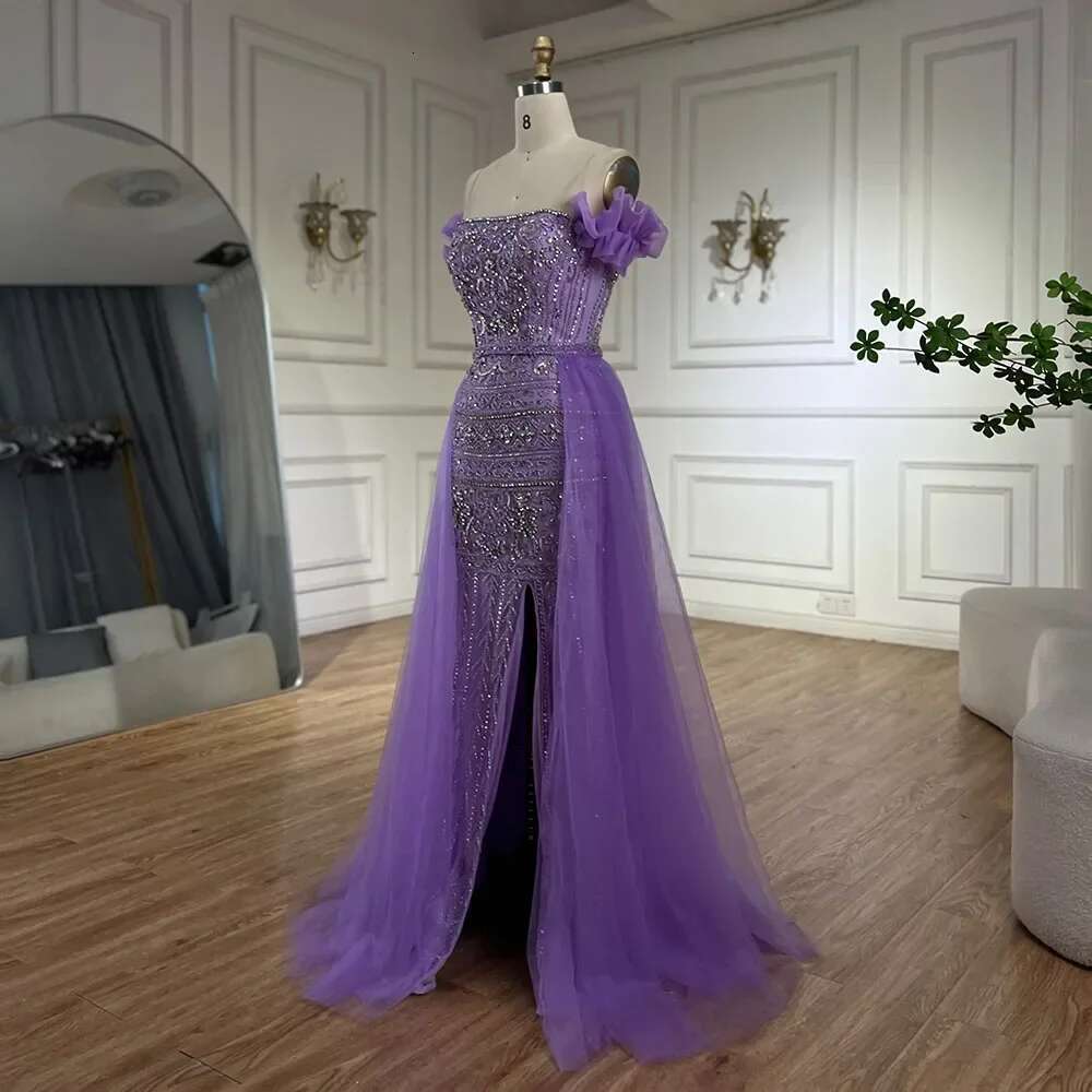 Purple Arabic Spaghetti Strap High Split Mermaid Beaded Evening Dresses Gown Prom Party Customize BLA