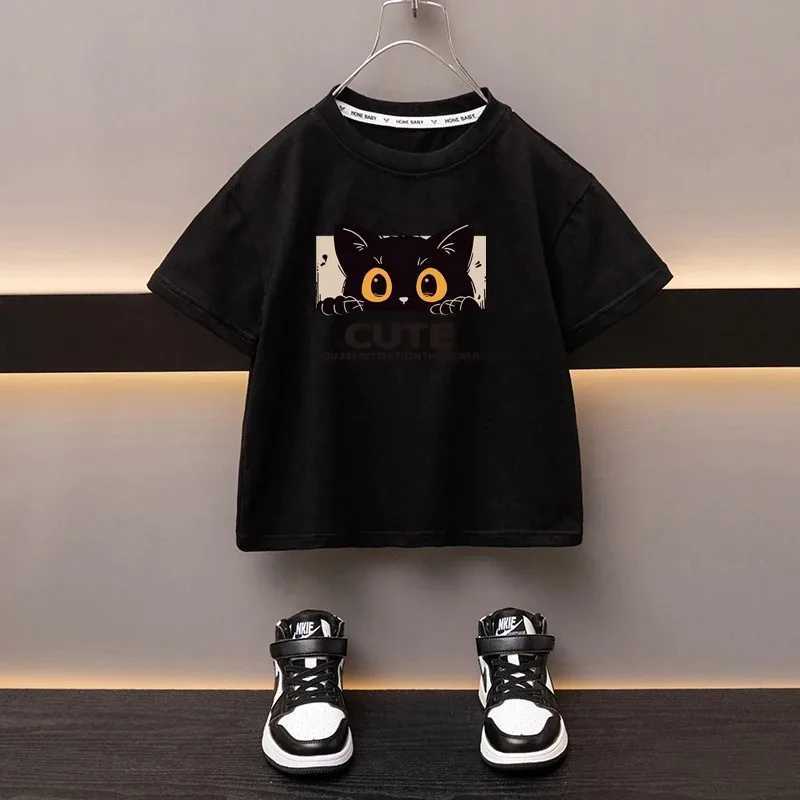 T-shirts 100% Cotton Childrens T-Shirt Japanese Cartoon Cute Cat Girl Top High Quality Boys Crew Neck Black T-Shirt Printed Clothing H250220