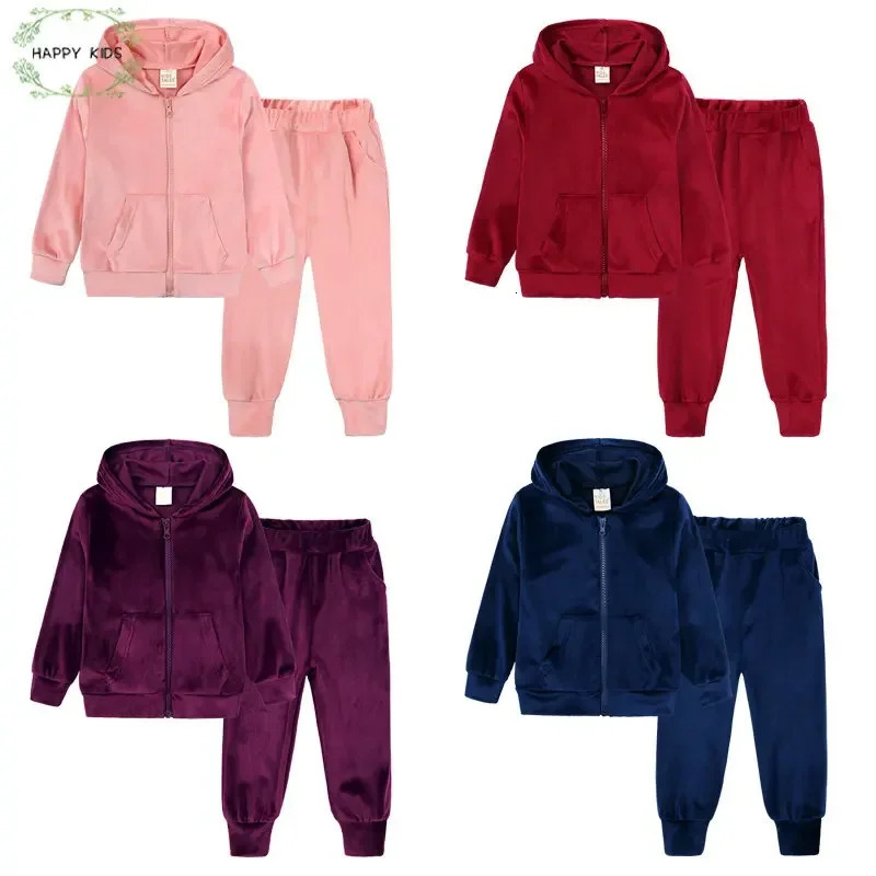 Children Boys Girls Velvet Sweatsuit Toddler Zipper Up Hoodie Jackets Pants Set Fashion Winter Kids 2Pieces Tracksuits Outfits 250220