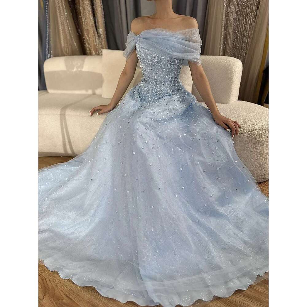 Blue Arabic Off The Shoulder Beaded Elegant A E Long Evening Dresses Prom Gowns For Formal