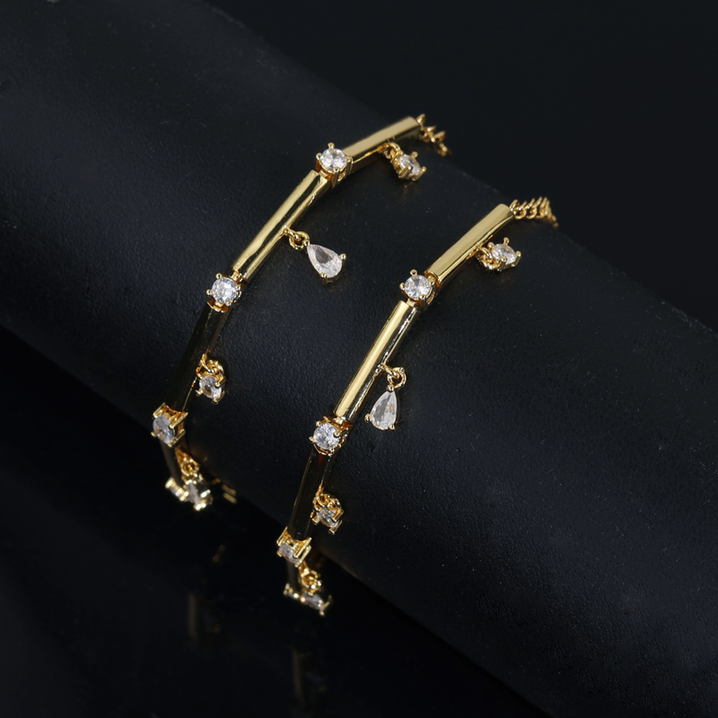 Latest Style Gold Color Geometric White CZ Drop Charm Bracelet Bar Bamboo Link Chain for Women Trendy Fashion Jewelry Gift