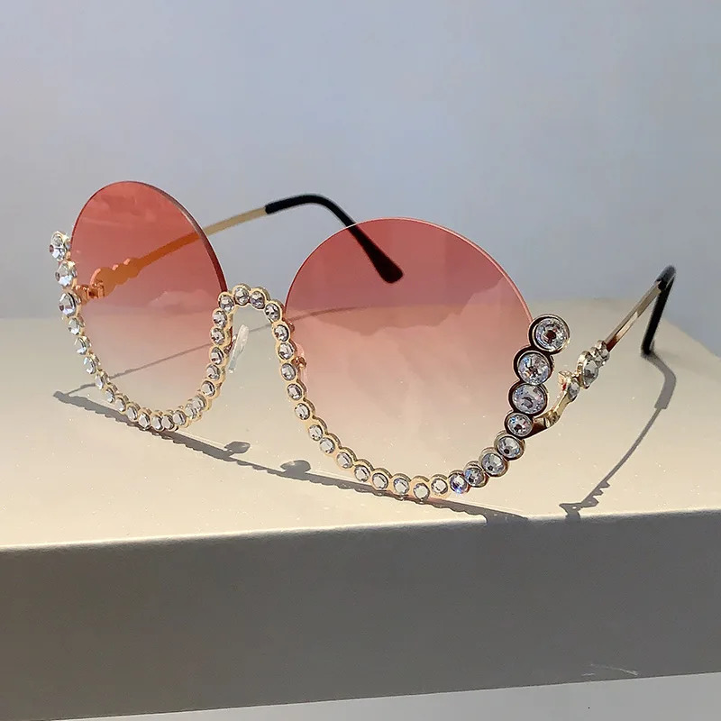 Diamond Sunglasses Women Vintage Round Sun Glasses for Female Fashion Ladies Gradient Lens Rimless Eyewear 250218
