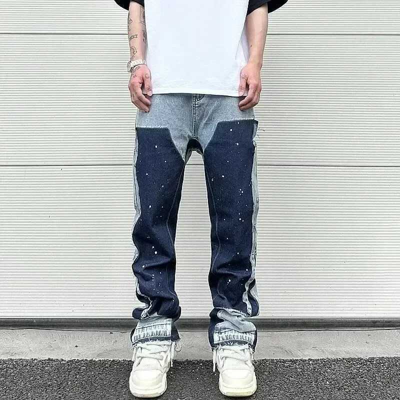 European and American high street mens washed jeans retro personalized straight-leg splicing flared pants trendy denim trousers X250220