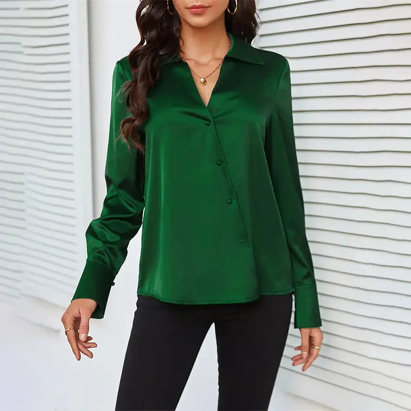 Trend Fashion Women Casual Elegant Satin Long Sleeved Shirt Office Womens Shirts And Blouses Slim Femal Clothes Green Like Silk 250219
