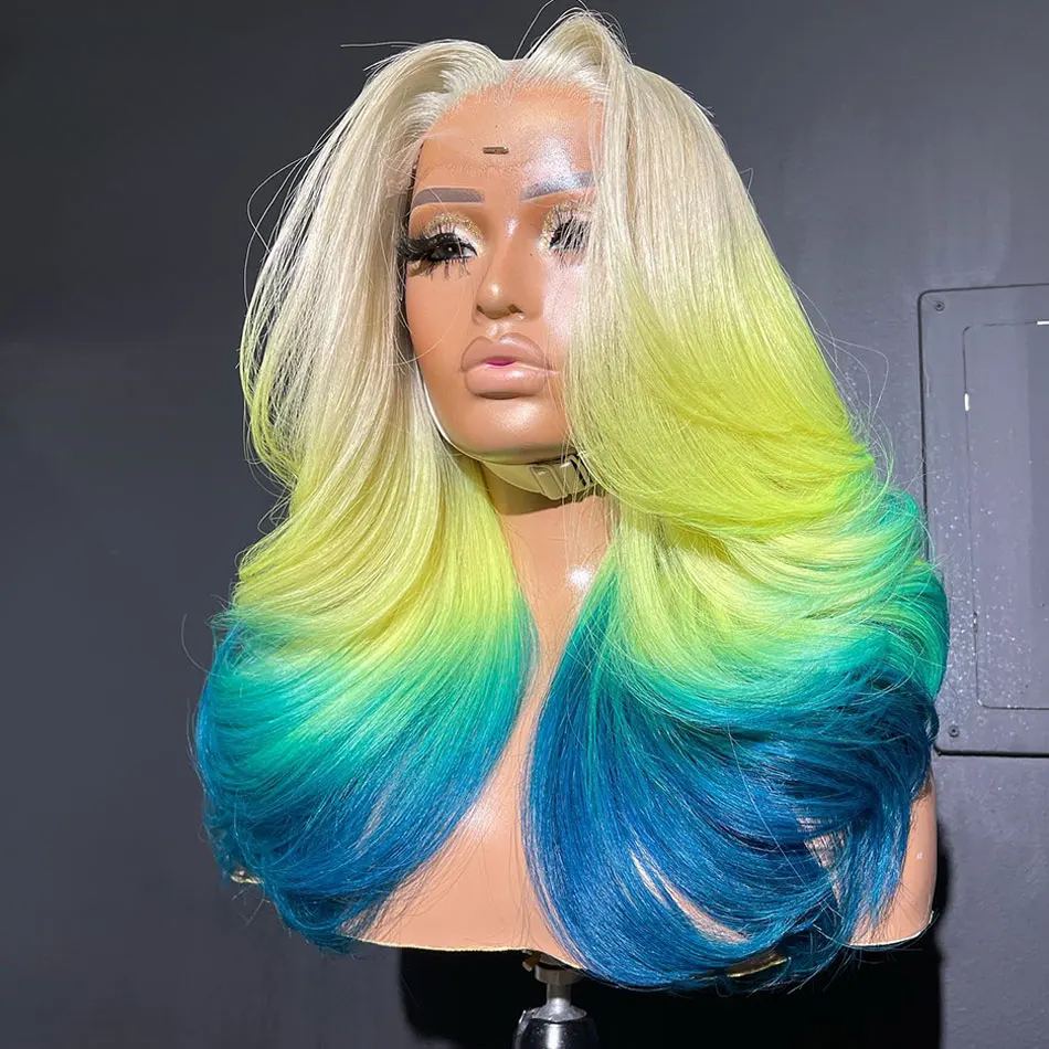 Brazilian Hair Ombre 613 Yellow Blue Colored 13X6 Body Wave Transparent Lace Front Wigs Human Hair 180%Density for Women
