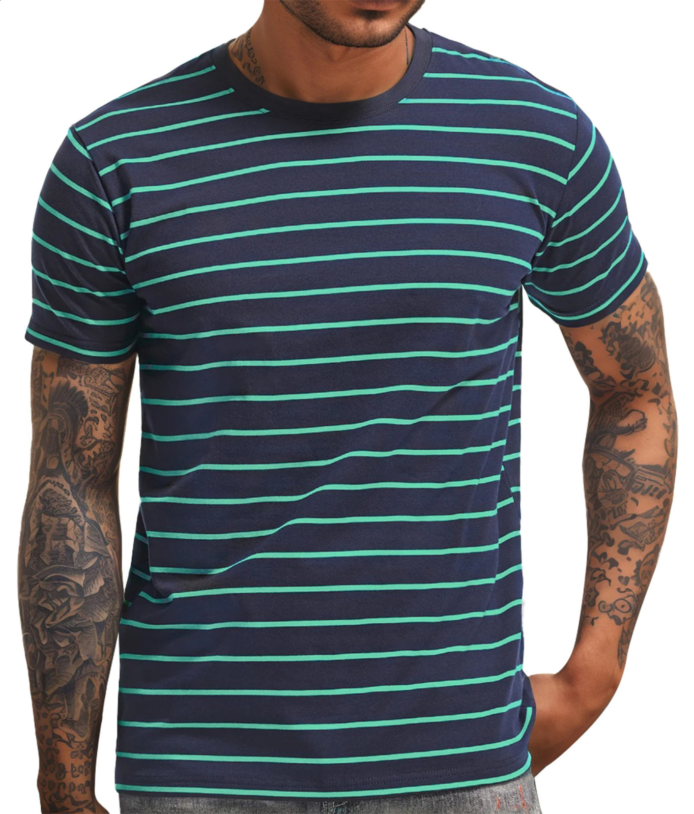 Mens Crew Neck Striped Short Sleeve T-Shirt - Comfortable and Soft Cotton Fabric for Casual Summer Outfits 250217