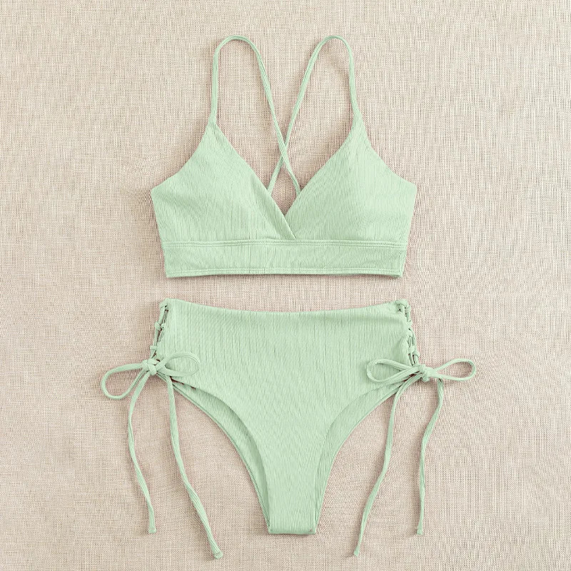 CikiniVNeck Split Bikini Set for Women Sexy Swimsuit Lace Up Triangular Bikinis Solid Color Beach Swimwear Bathing Suit 250212