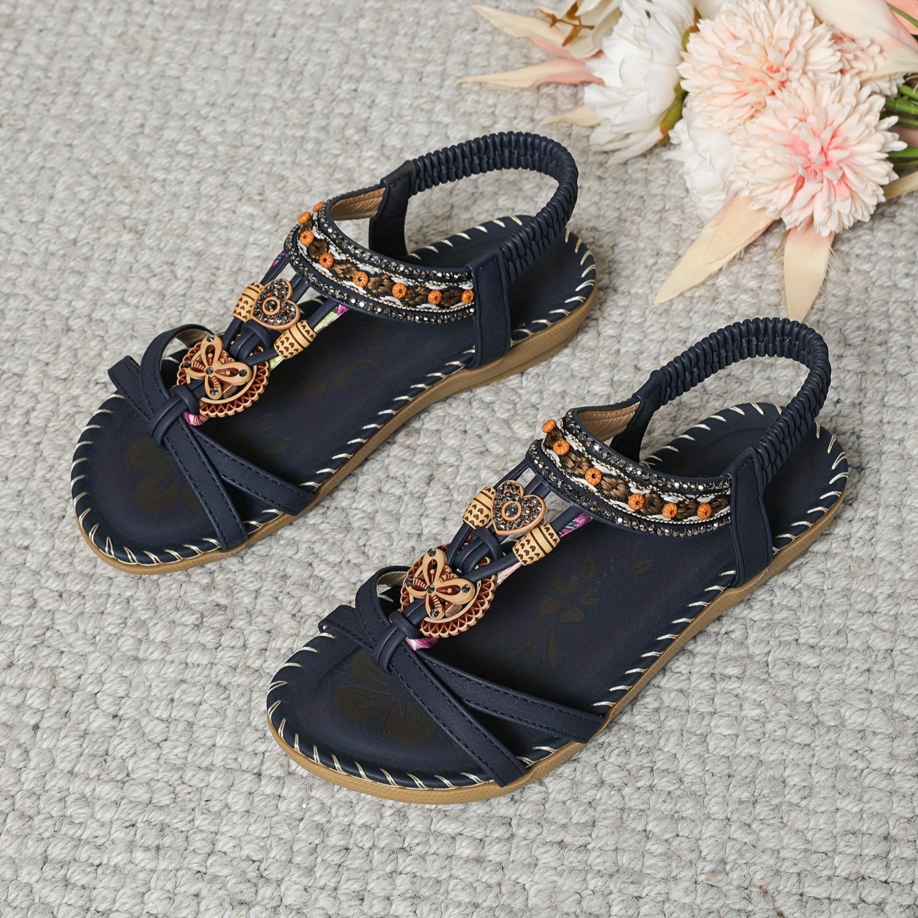 Women's rhinestone butterfly flat sandals, Bohemian open-toe elastic summer shoes, casual beach sandals