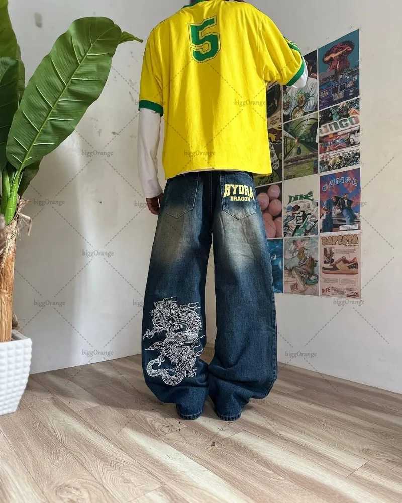 Trendy Brand Retro Streetwear Trousers Y2K Harajuku Hip-hop Casual Loose Straight Pants Men Goth Punk Letter Print Baggy Jeans X250220