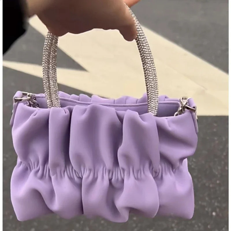 Rhinestone Portable Shoulder Bag Female Summer Ladies Party Pleated Cloud Chain Crossbody Solid Color Evening Bags 250218