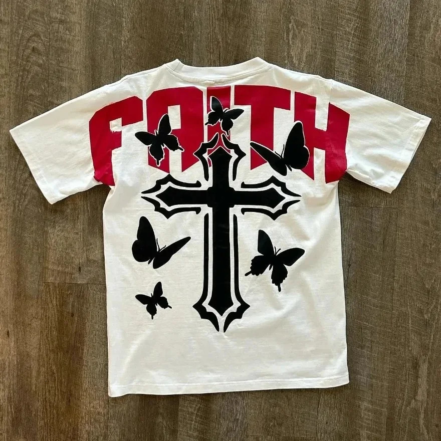 Streetwear T Shirt Y2K Hip Hop Letter Retro Cross Graphic Print Oversized Tshirt Mens Round Neck Cotton Short Sleeve Tops 250214