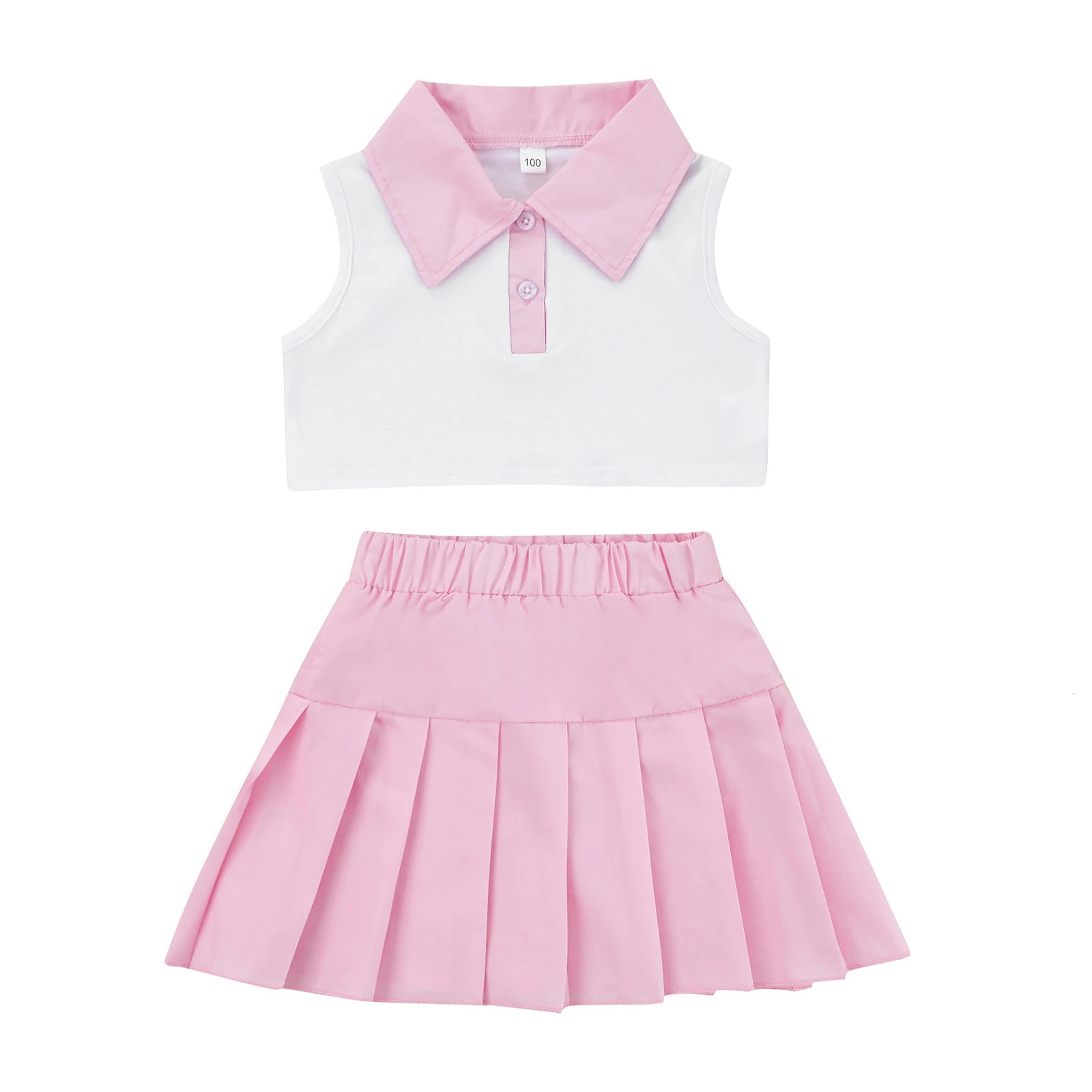 2Pcs Baby Girls Summer Outfits Patchwork Lapel Buttons Sleeveless Tank Tops Pleated Skirt Set for Kids 2-7 Years 250219