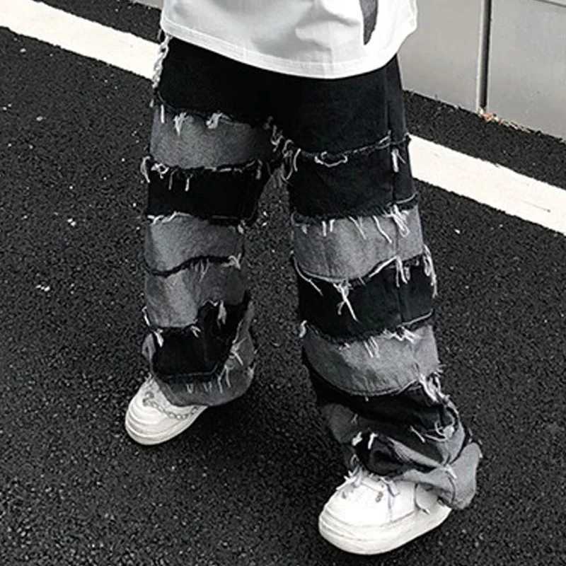 American New High Street Antique Tassel Jeans for Men Dropped Wide Leg Hip Hop Lazy Long Pants X250220
