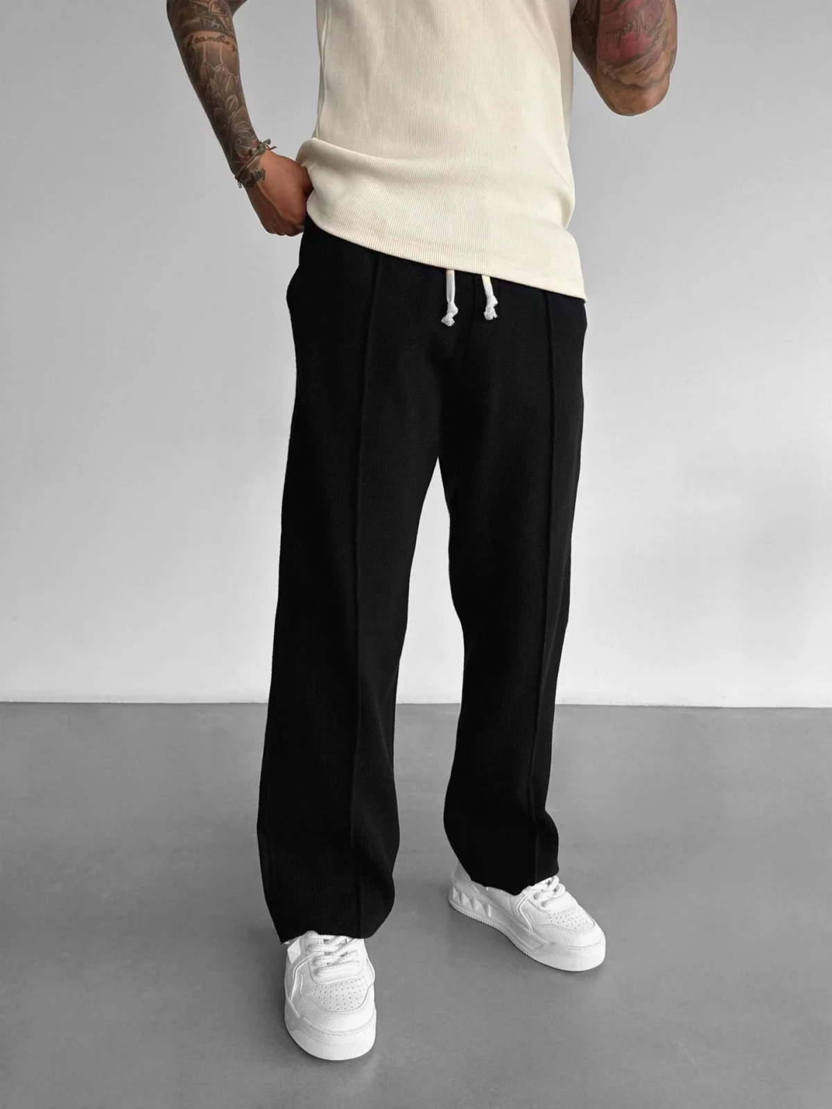 Mens business casual solid color waffle rope straight jogging pants suitable for shopping and casual pants 250220