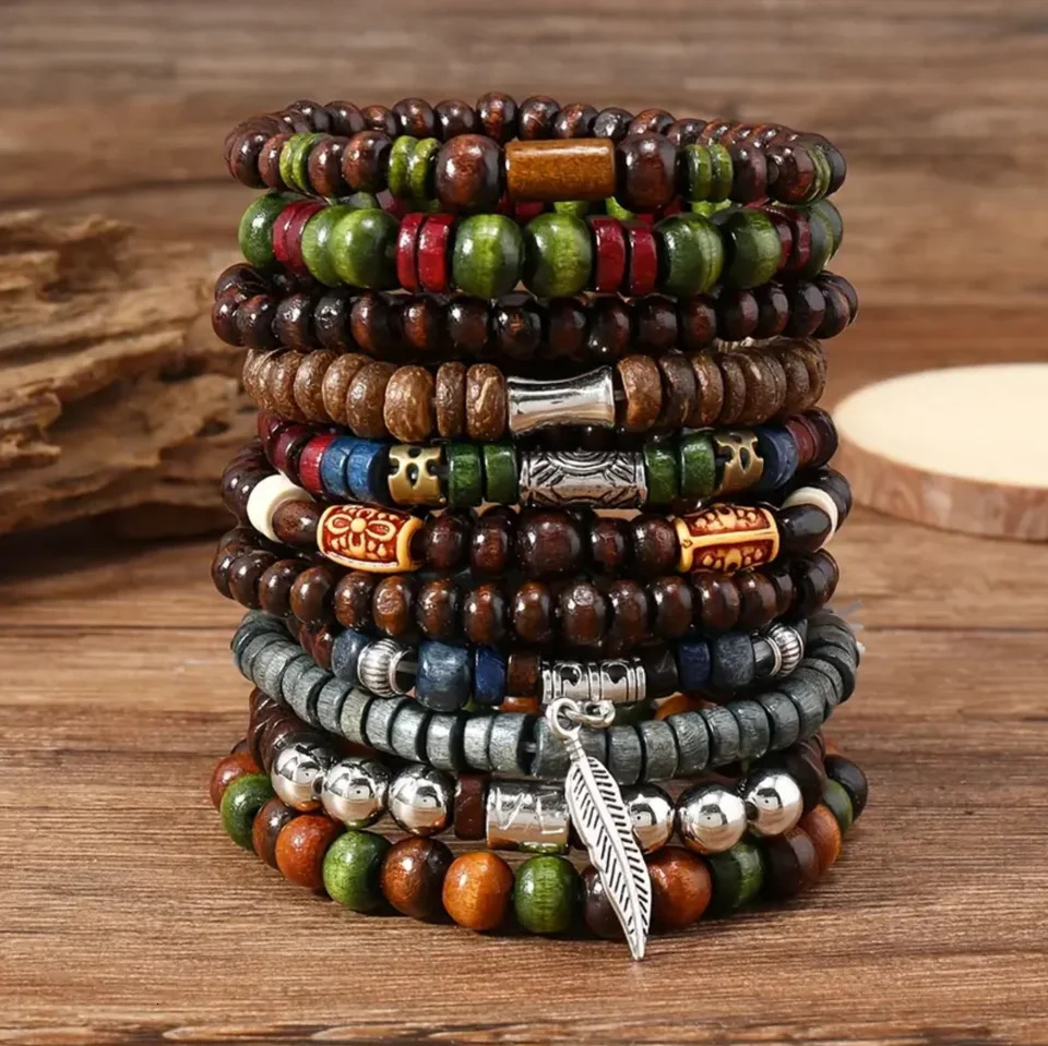 22Piece Set Vintage Style Bohemian Wooden Beaded Bracelets Synthetic Turquoise and Cats Eye Beads Fashionable Stacking Brace 250213