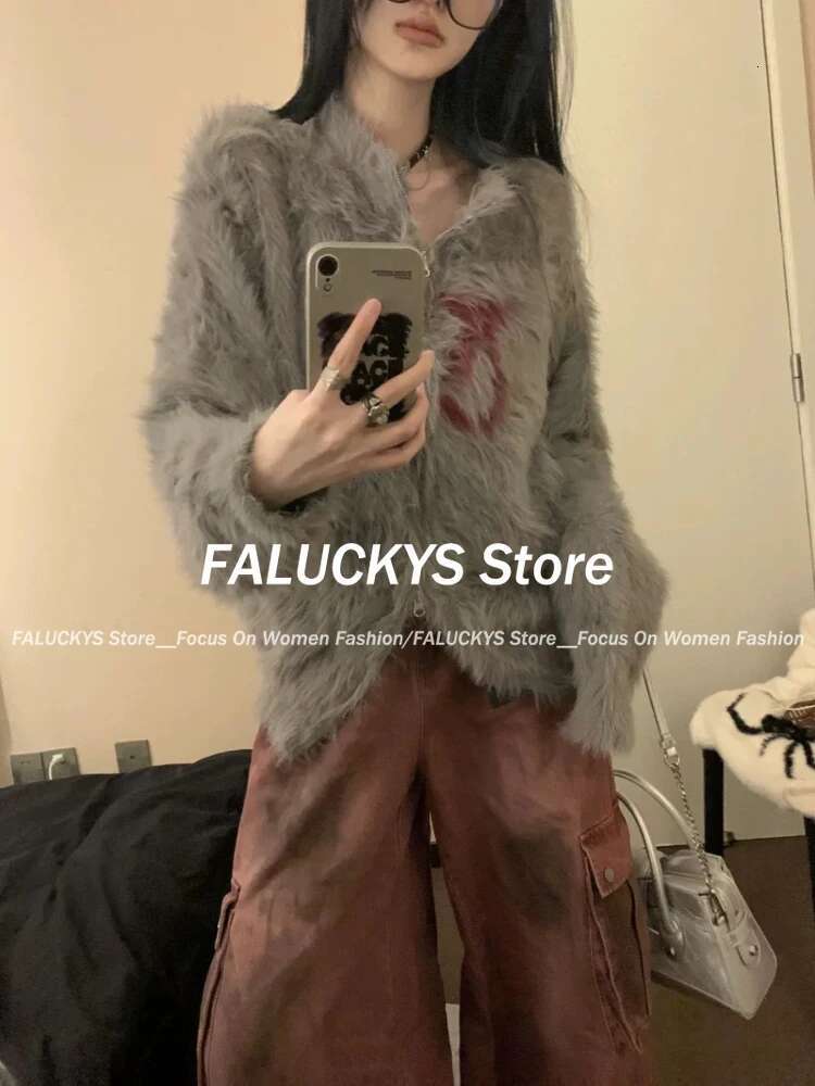 American Retro Streetwear Knitted Cardigan Tops Women Casual Loose Zipper Sweater Autumn Winter Y2k Haruku Vintage Coat New