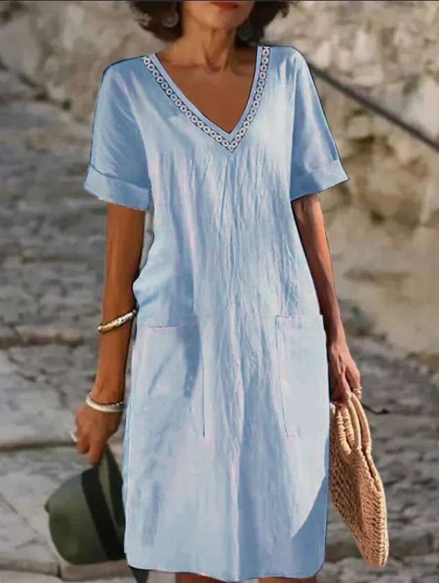 Spring Cotton Linen Womens Dress White Solid V-neck Elegant Dresses Female Soft Casual Loose Summer Clothes Ladies 250220