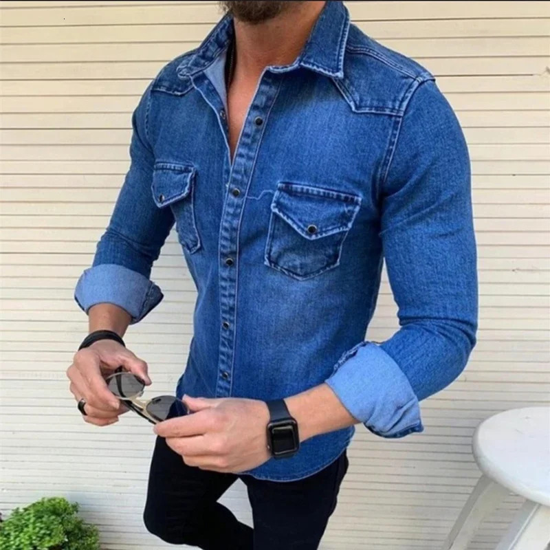 Mens denim jacket slim fit lapel full set solid single chest regular casual autumn and winter 250214Z